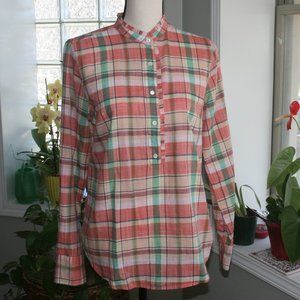 J CREW PEACH OR MELON POPOVER PLAID BLOUSE SZ 6